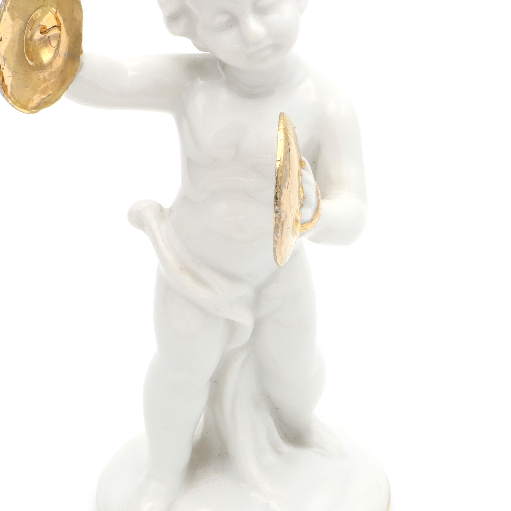 Porzellan-Figur Statue Miniatur Dekoratives Ornament Capodimonte Engel Putto Vergoldete Zimbeln Art Deco Handbemalt, Vintage Keramik Sammlerskulptur